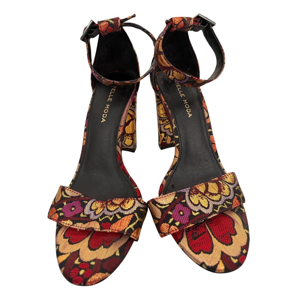 Pelle Moda Floral Brocade Block Heel Sandals Multi Color Ankle Strap Size 5.5 M